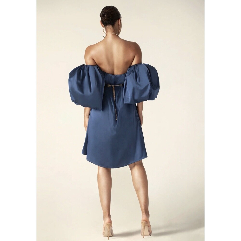 Alieva Puff Sleeve Satin Midi Dress Navy Blue Size Small NWT Party Dress - Picture 2 of 11